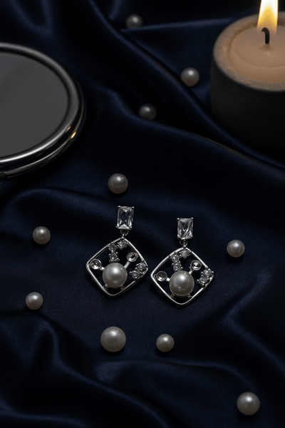 Pearl & Diamond Square Dangle Earrings - Maxiblink