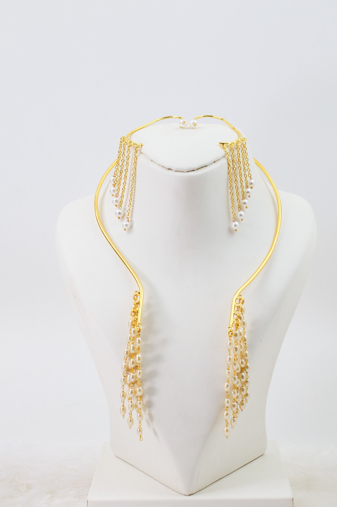 Pearl Fringe Ear - Cuff & Necklace Set – Brass Gold Plated | Anti - Tarnish Finish - Maxiblink