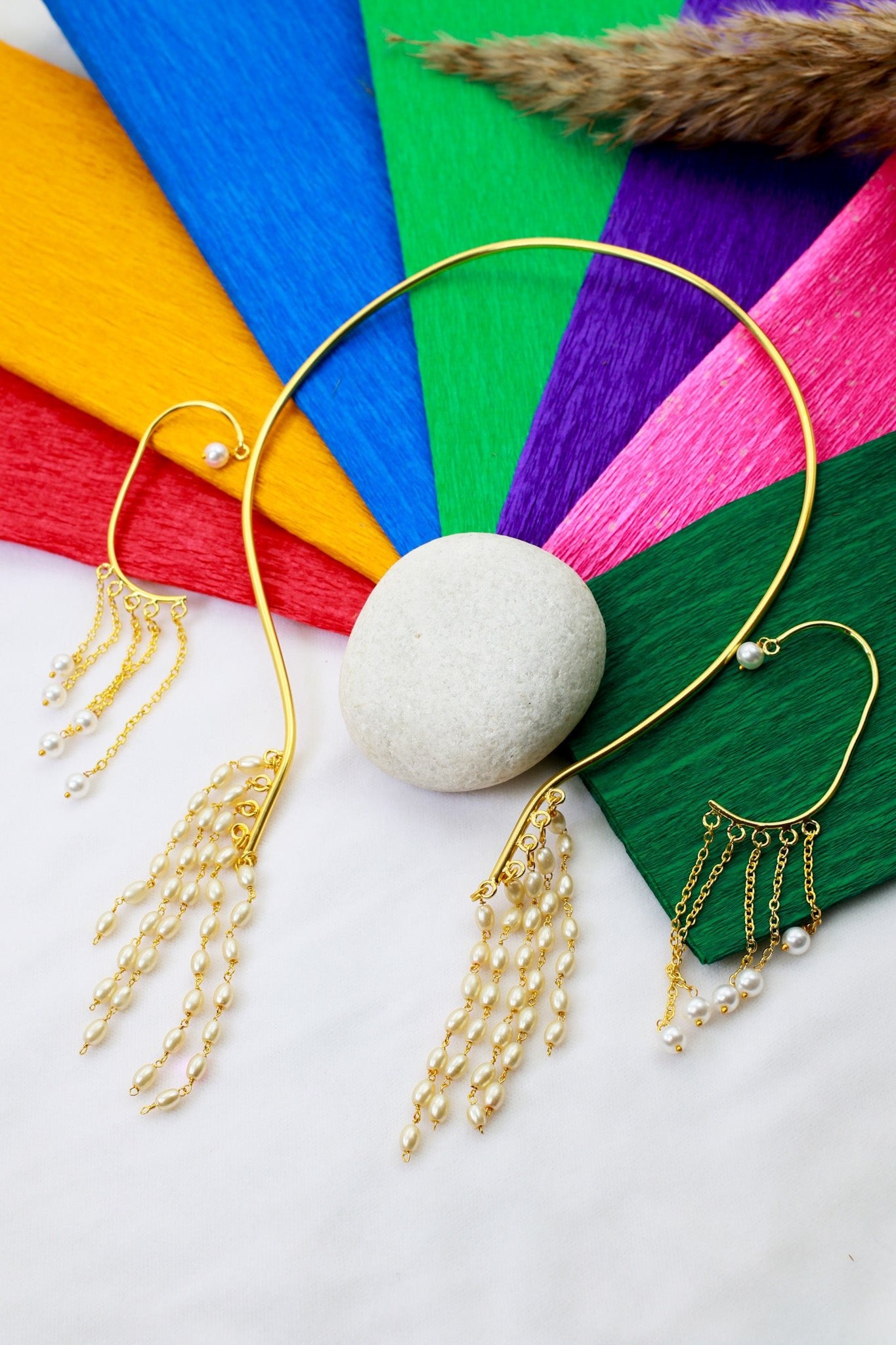 Pearl Fringe Ear - Cuff & Necklace Set – Brass Gold Plated | Anti - Tarnish Finish - Maxiblink
