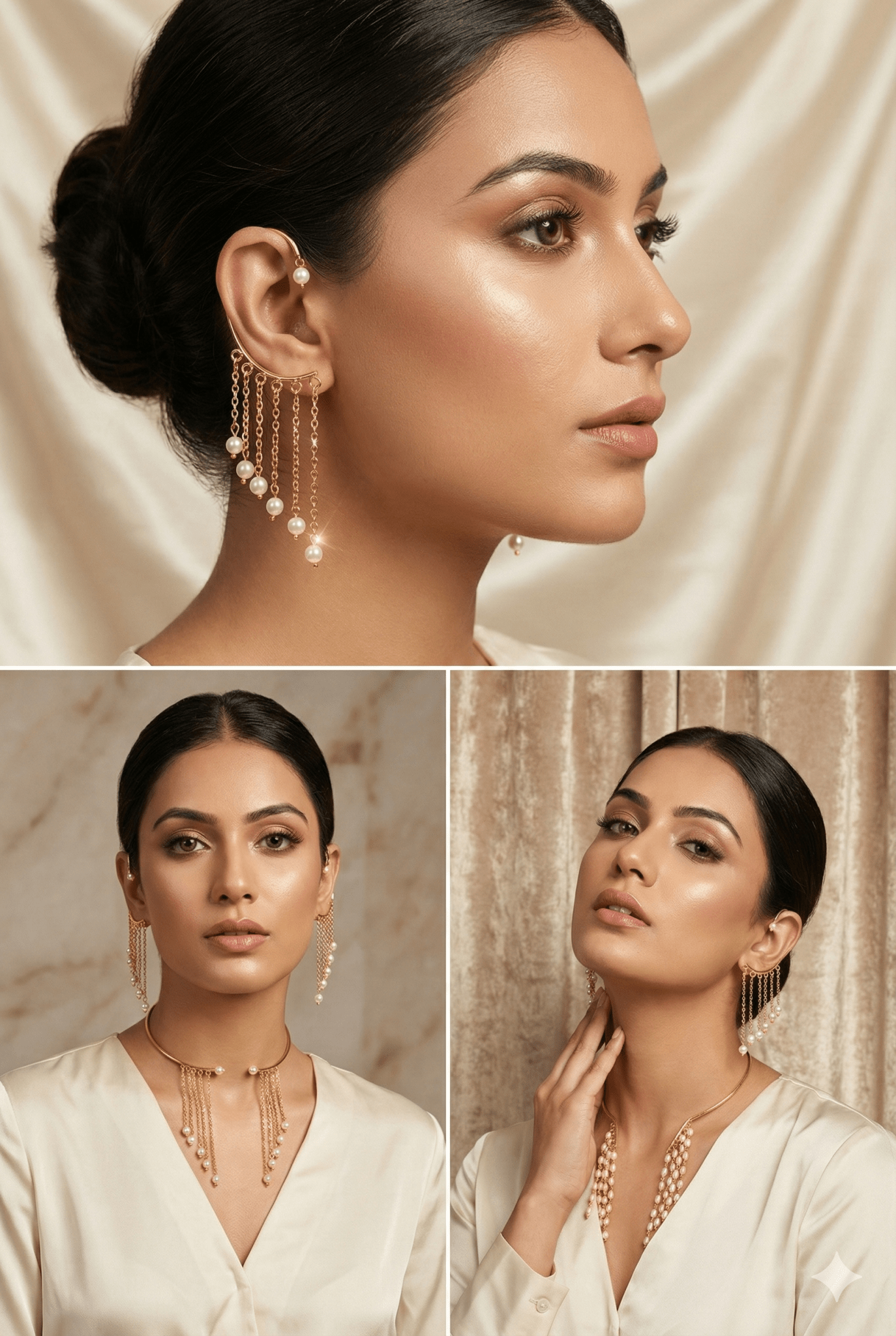 Pearl Fringe Ear - Cuff & Necklace Set – Brass Gold Plated | Anti - Tarnish Finish - Maxiblink