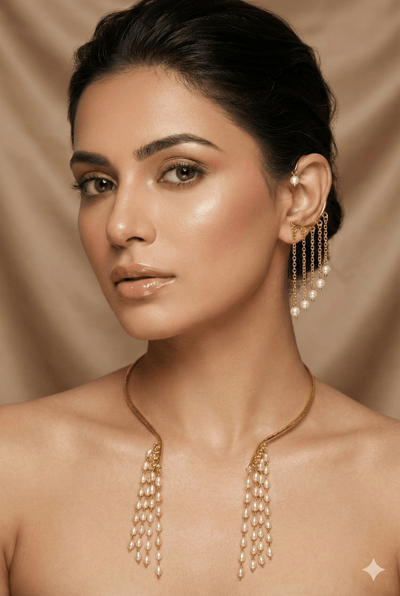 Pearl Fringe Ear - Cuff & Necklace Set – Brass Gold Plated | Anti - Tarnish Finish - Maxiblink