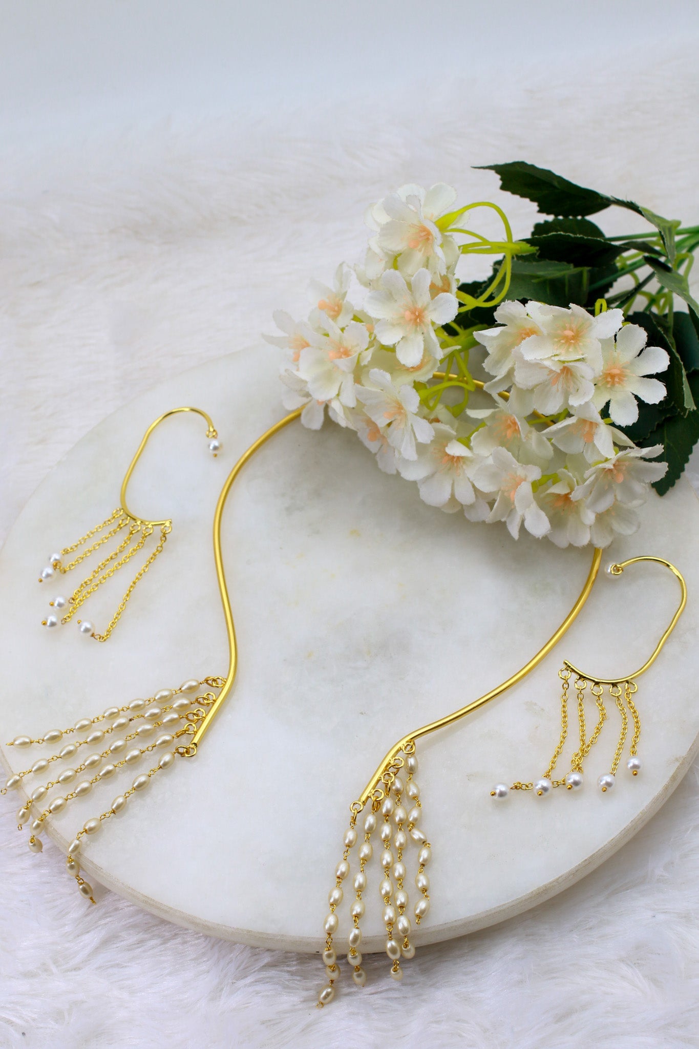 Pearl Fringe Ear - Cuff & Necklace Set – Brass Gold Plated | Anti - Tarnish Finish - Maxiblink