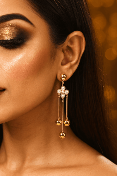 Pearl & Gold Stick Drop Earrings with Floral Cluster – Elegant Anti - Tarnish Jewelry - Maxiblink
