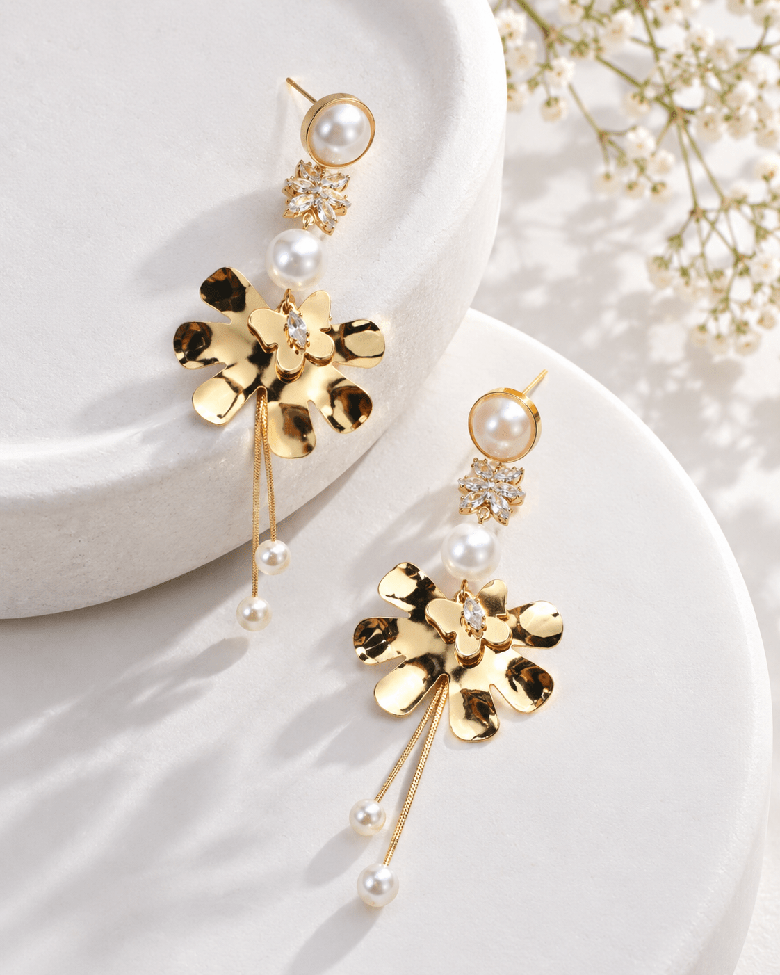 Pearl Ruffled Flower Chandelier Earrings - Maxiblink