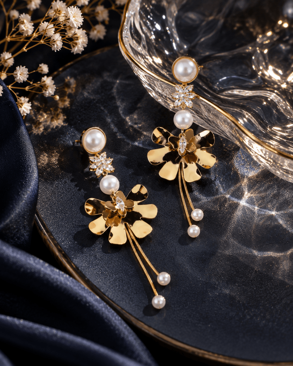 Pearl Ruffled Flower Chandelier Earrings - Maxiblink