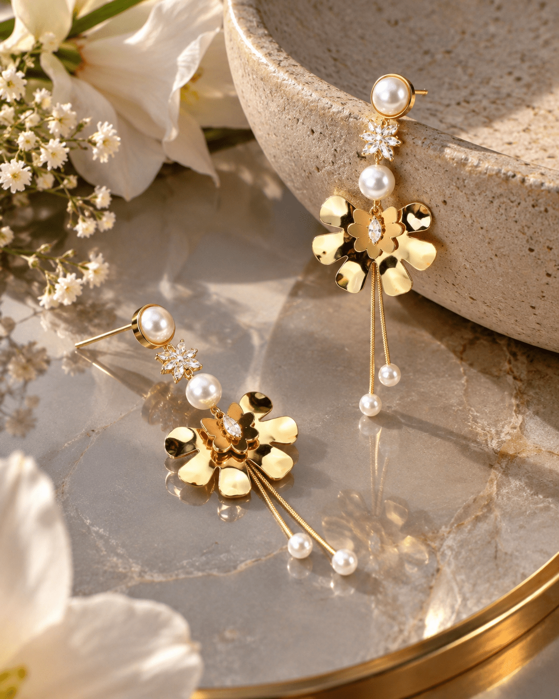 Pearl Ruffled Flower Chandelier Earrings - Maxiblink