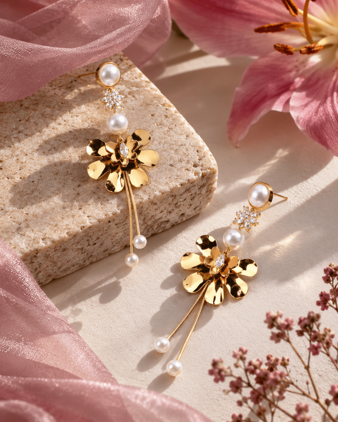 Pearl Ruffled Flower Chandelier Earrings - Maxiblink