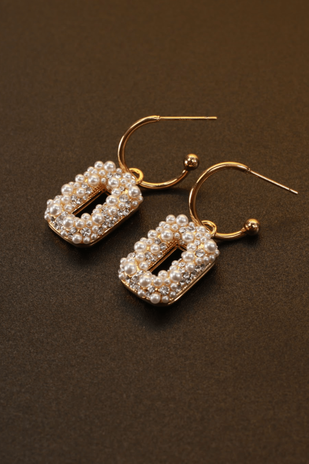 Pearl - Studded Rectangular Hoop Earrings in Gold Finish - Maxiblink
