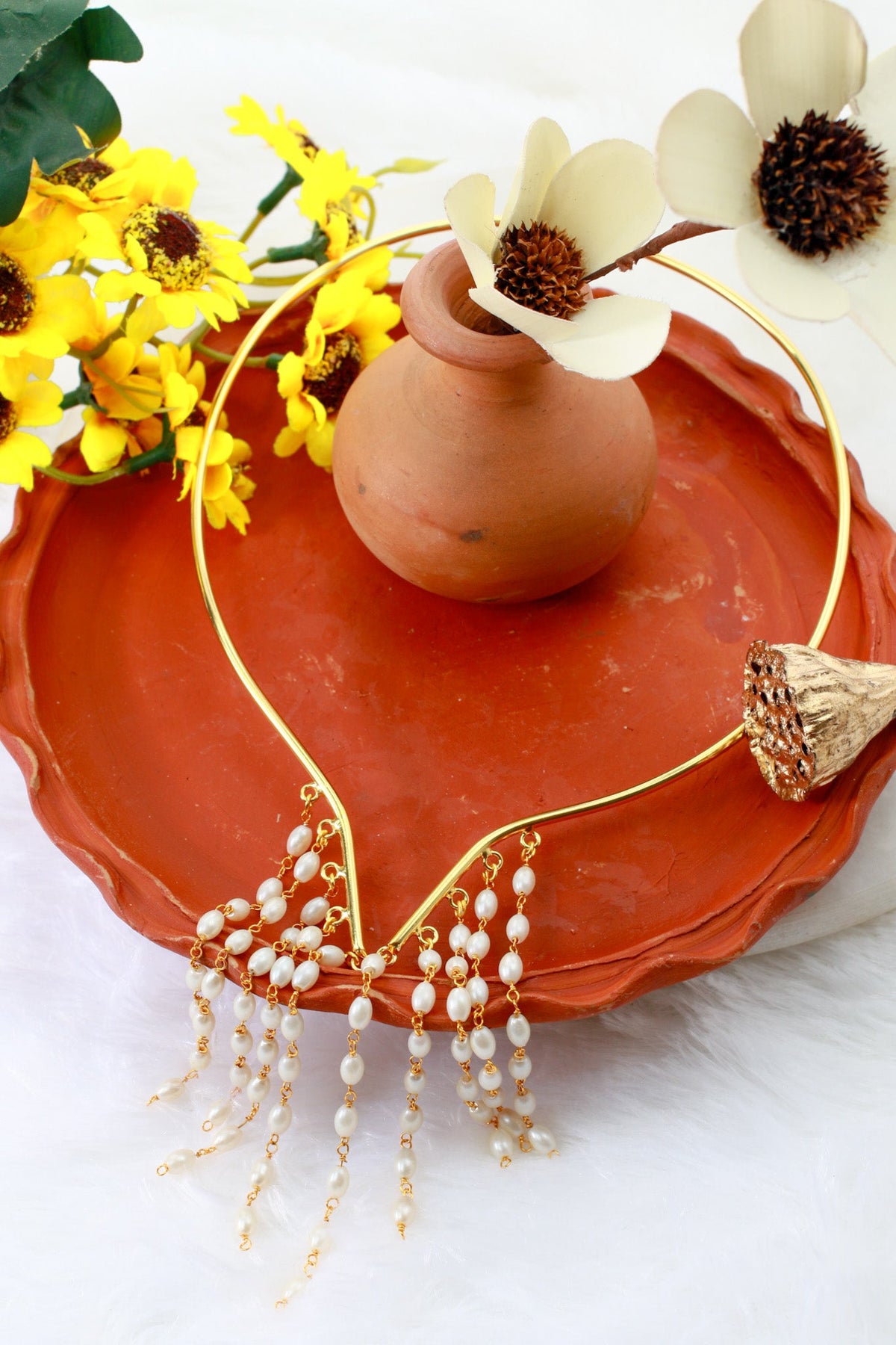 Pearl Tassel Hansuli Necklace | Brass Anti Tarnish | Lightweight - Maxiblink
