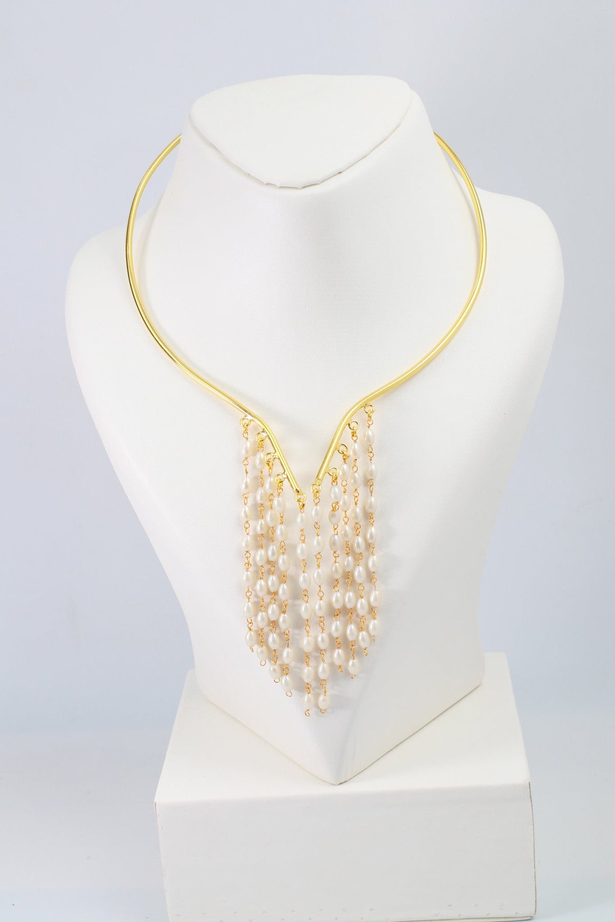 Pearl Tassel Hansuli Necklace | Brass Anti Tarnish | Lightweight - Maxiblink