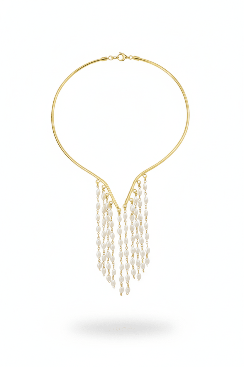 Pearl Tassel Hansuli Necklace | Brass Anti Tarnish | Lightweight - Maxiblink