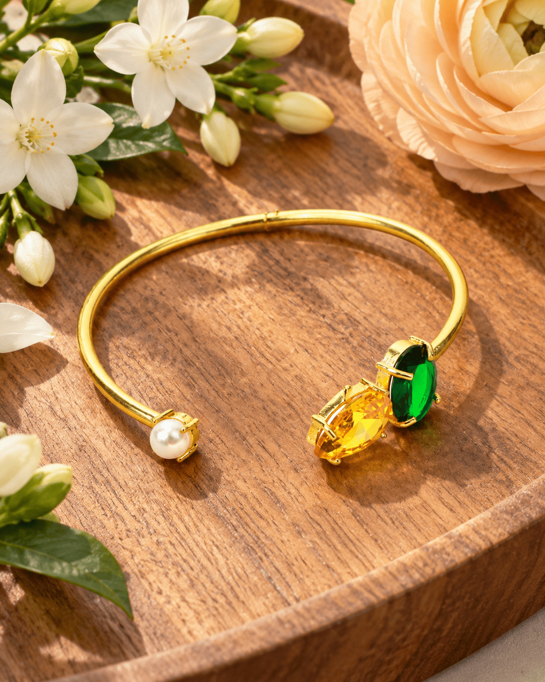 Pearl, Yellow & Green Stone Open Cuff Bracelet - Maxiblink