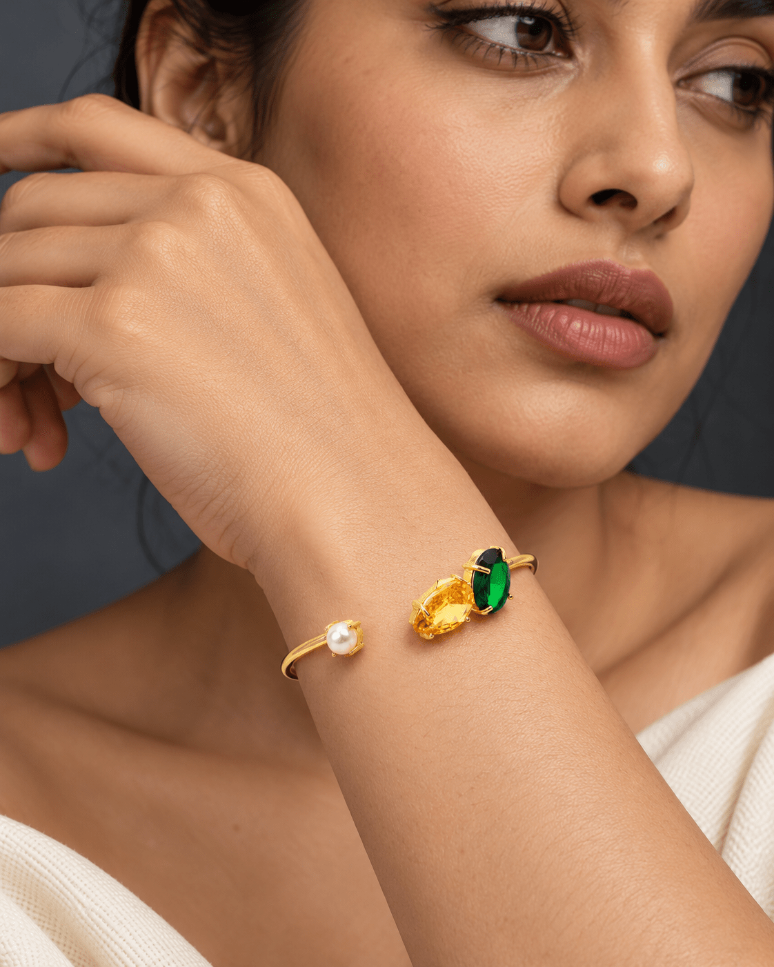 Pearl, Yellow & Green Stone Open Cuff Bracelet - Maxiblink