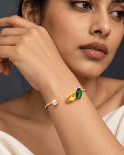 Pearl, Yellow & Green Stone Open Cuff Bracelet - Maxiblink