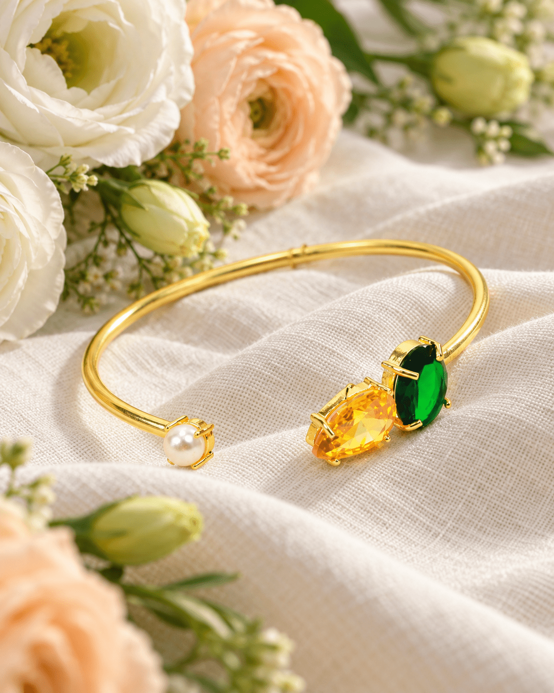 Pearl, Yellow & Green Stone Open Cuff Bracelet - Maxiblink