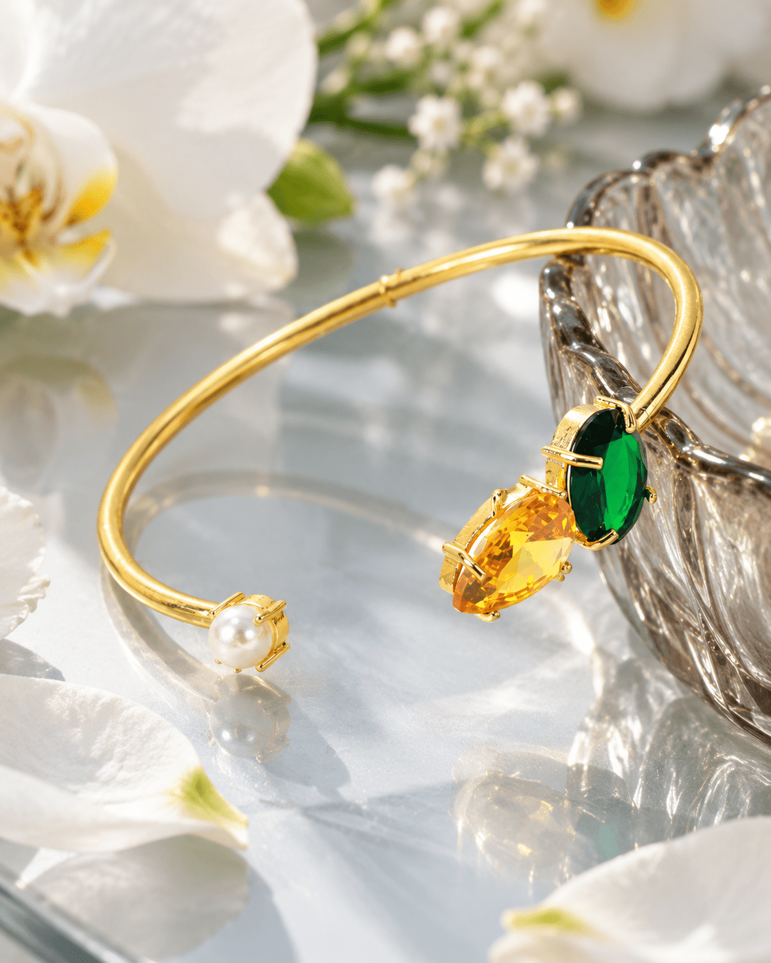 Pearl, Yellow & Green Stone Open Cuff Bracelet - Maxiblink