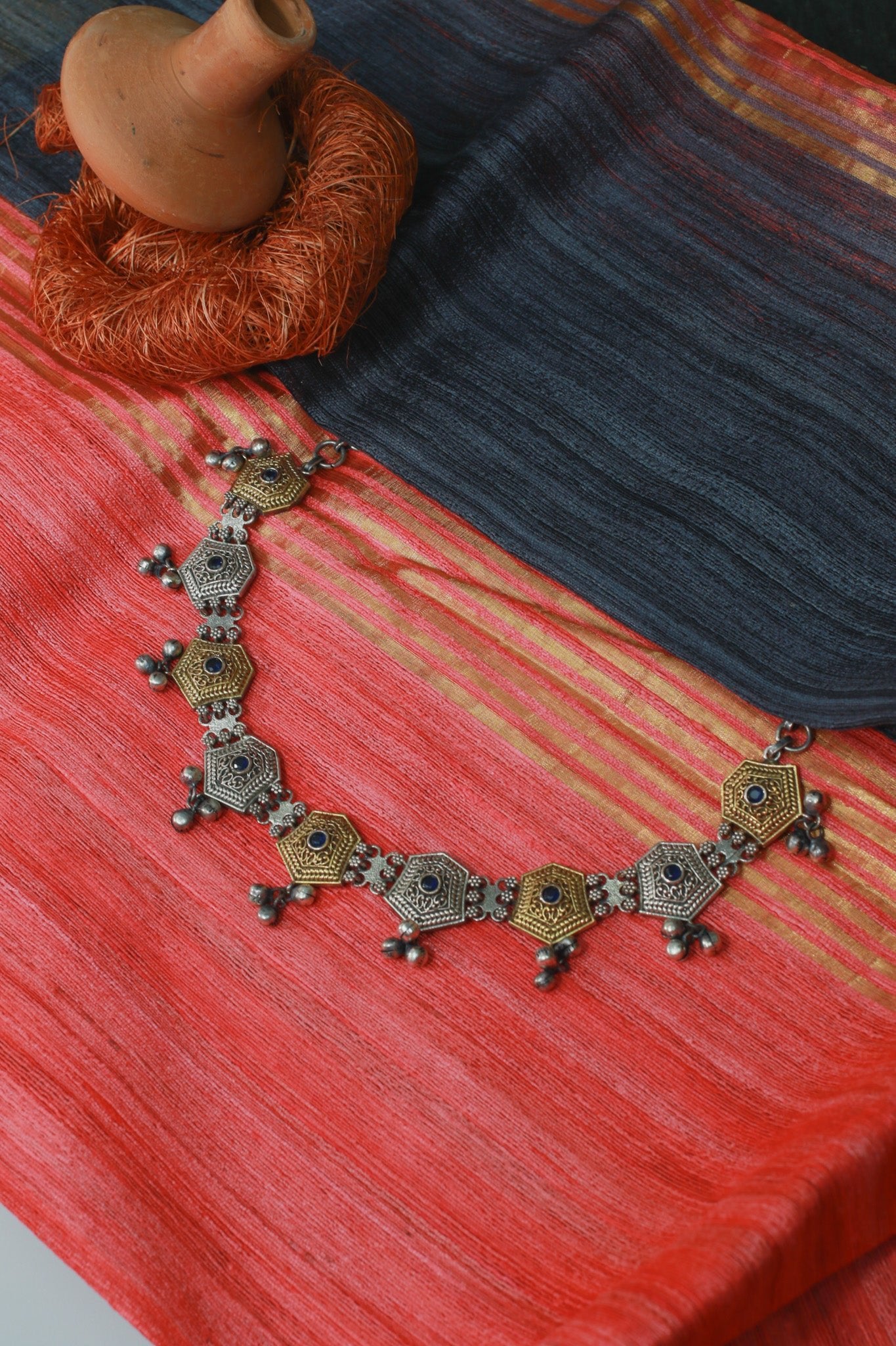 Pentagon Motif Oxidised Pendant Necklace in Dual Tone - Maxiblink