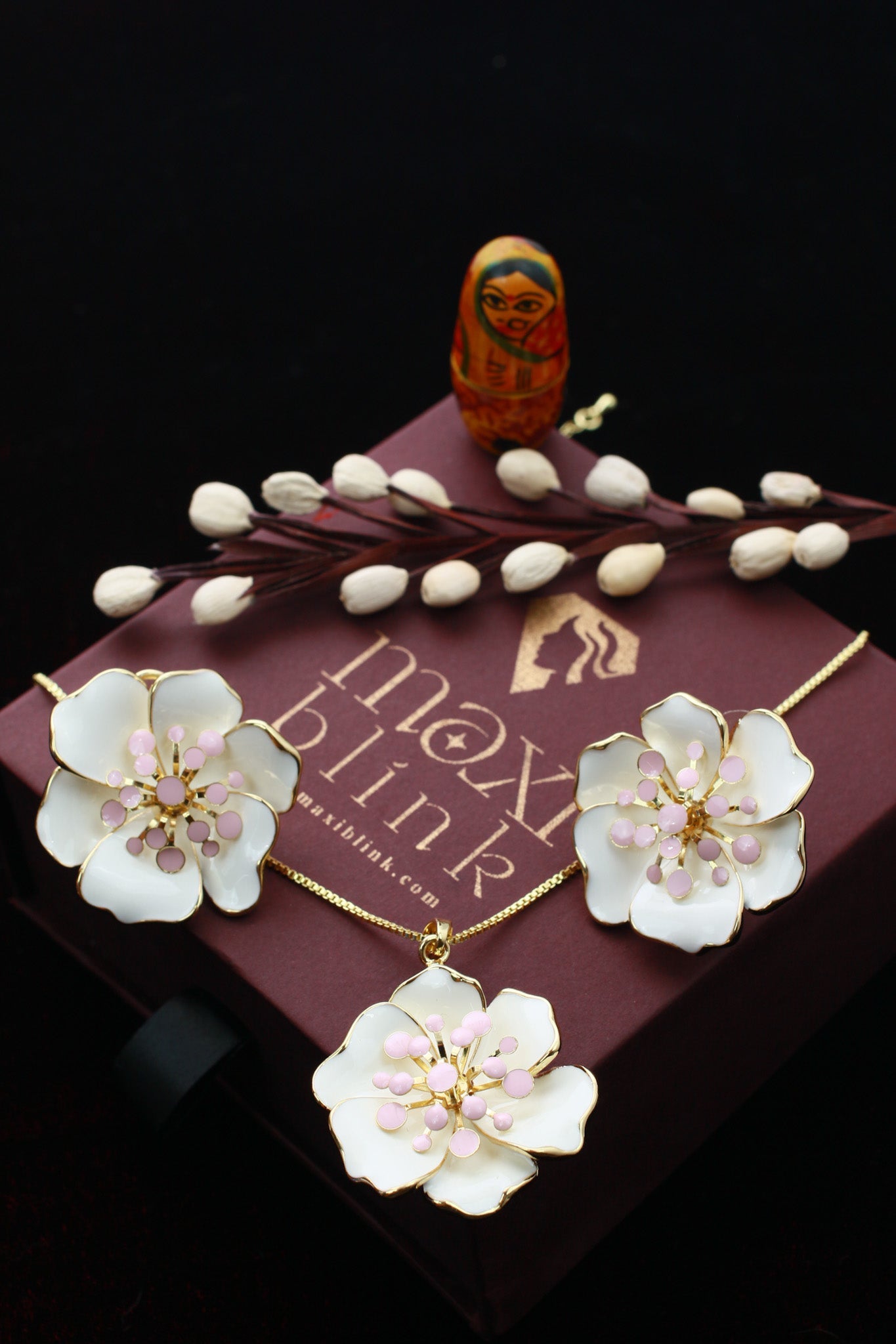 Petal Flower Pendant Set - White & Pink Enamel Luxury Necklace & Earrings | Anti Tarnish - Maxiblink