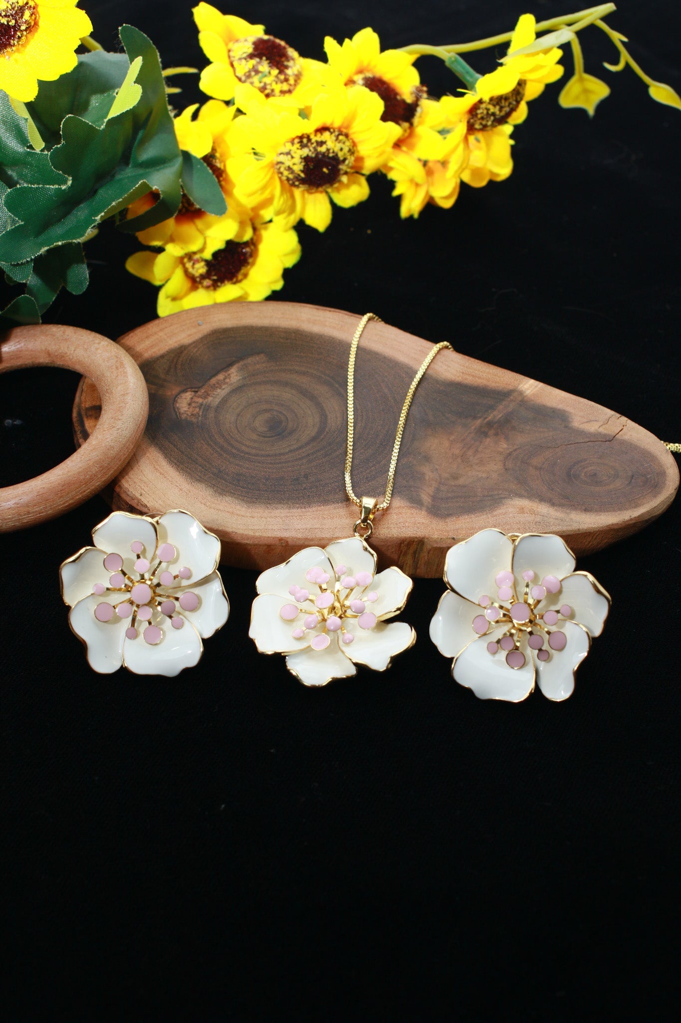 Petal Flower Pendant Set - White & Pink Enamel Luxury Necklace & Earrings | Anti Tarnish - Maxiblink