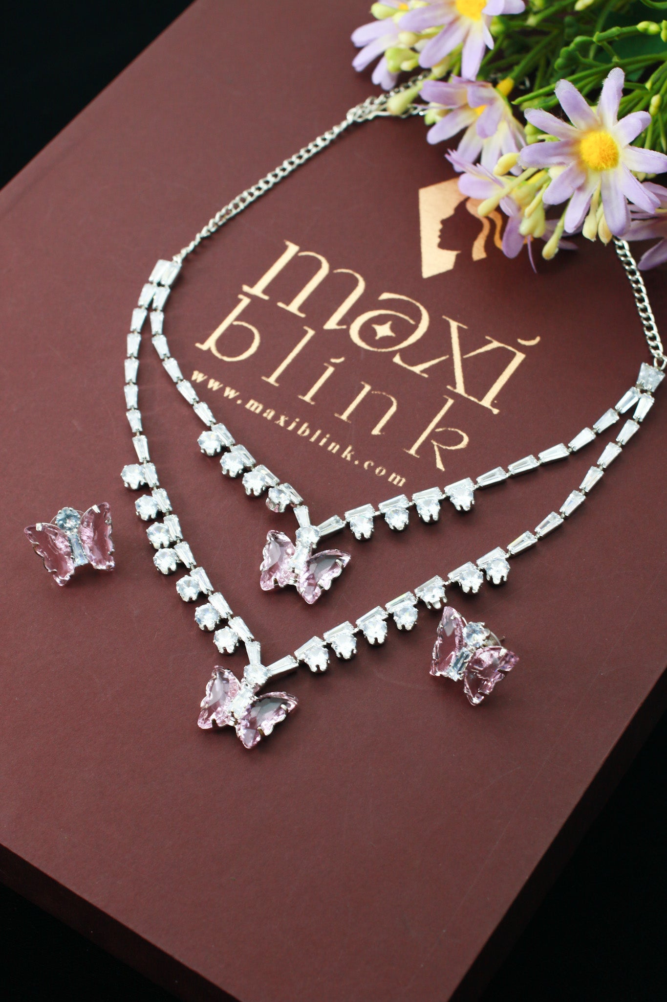 Pink Butterfly Korean Glass Stone Necklace Set | Premium Crystal Jewellery - Maxiblink