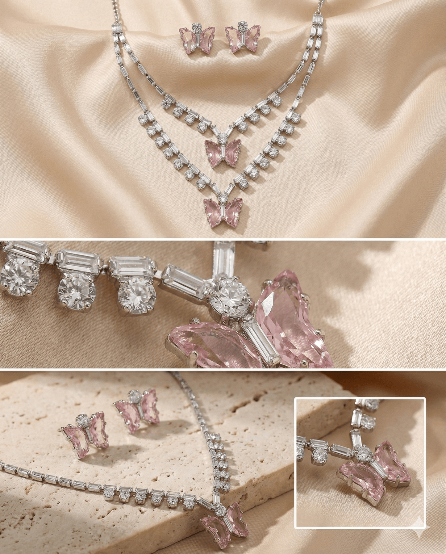 Pink Butterfly Korean Glass Stone Necklace Set | Premium Crystal Jewellery - Maxiblink