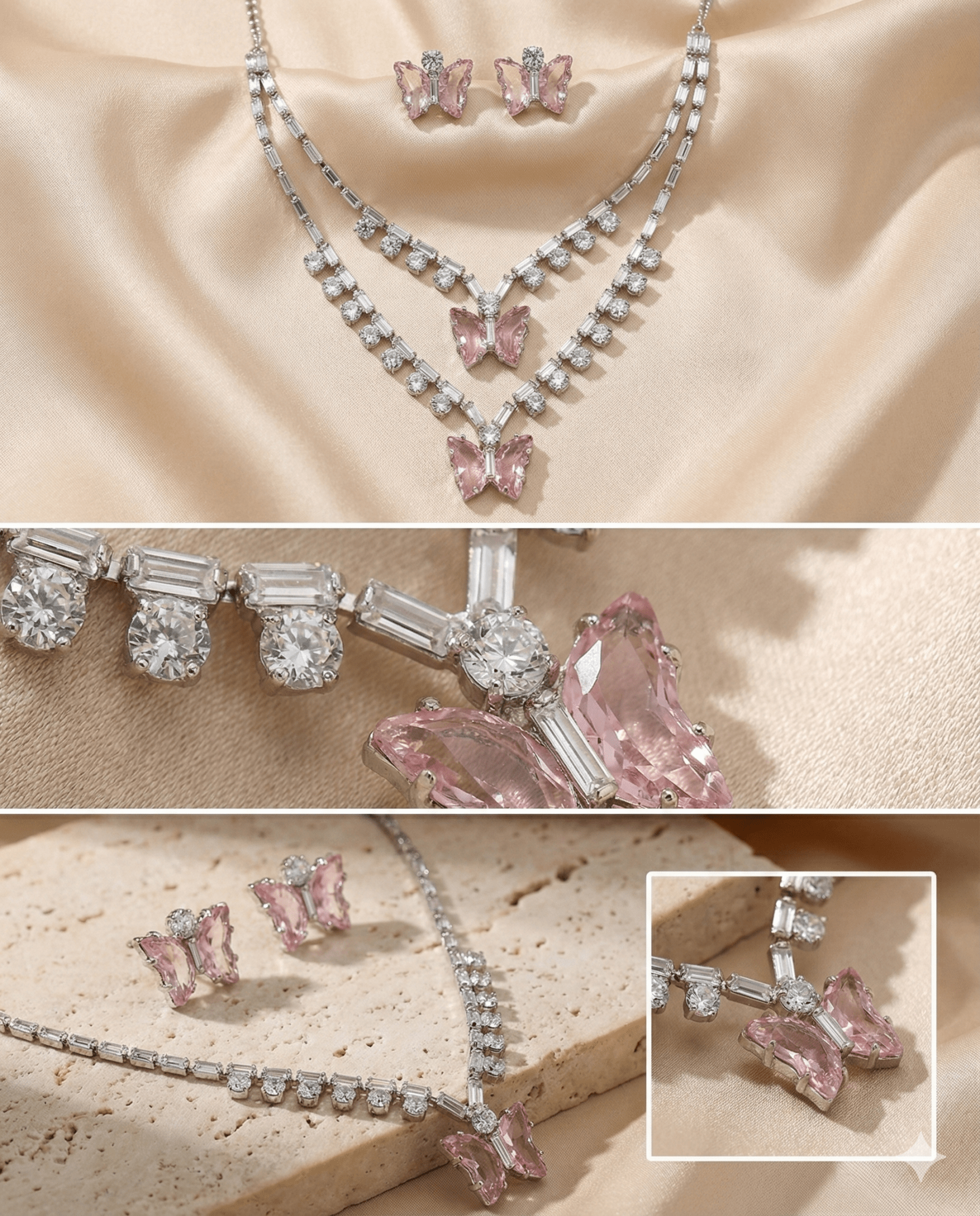 Pink Butterfly Korean Glass Stone Necklace Set | Premium Crystal Jewellery - Maxiblink