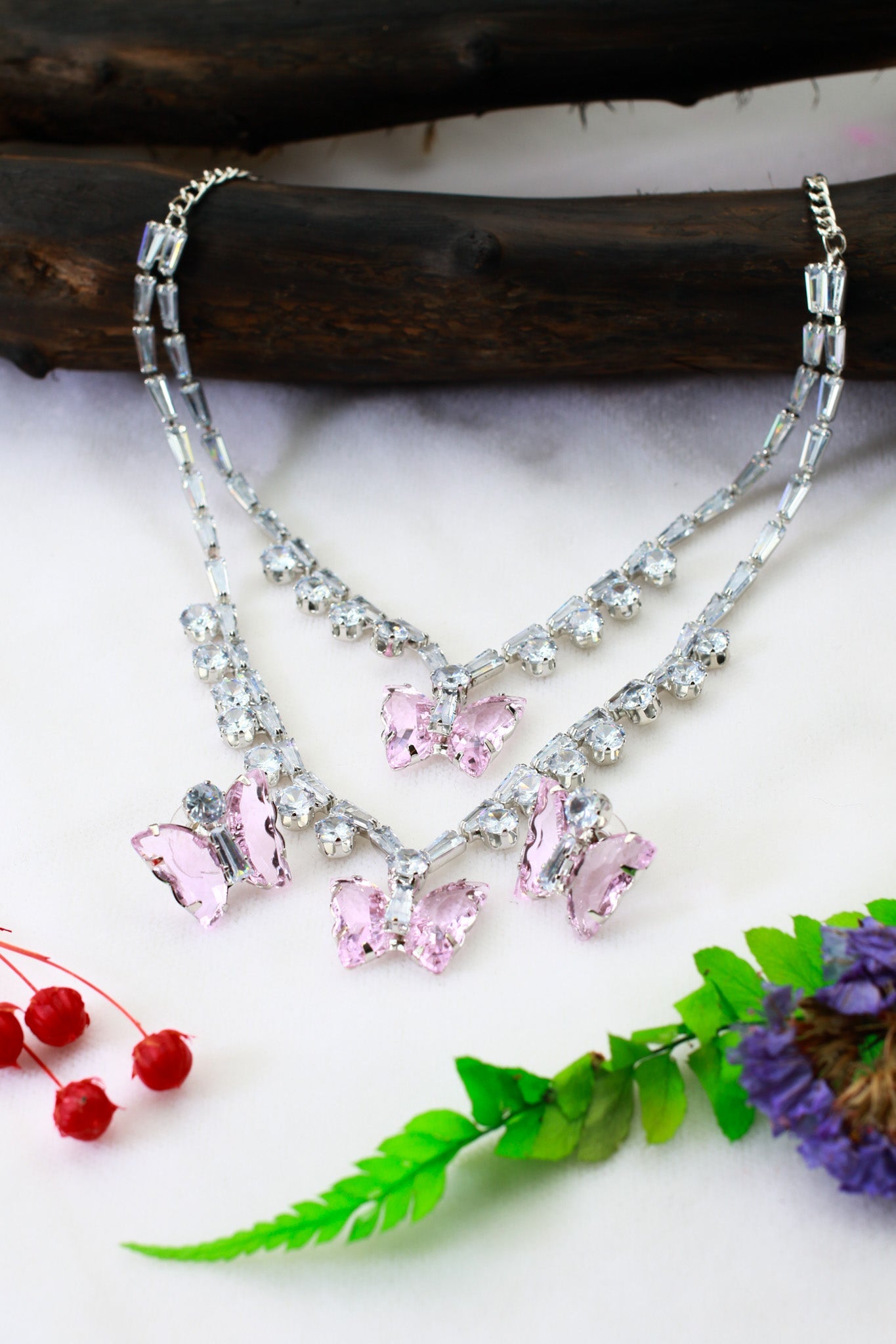 Pink Butterfly Korean Glass Stone Necklace Set | Premium Crystal Jewellery - Maxiblink