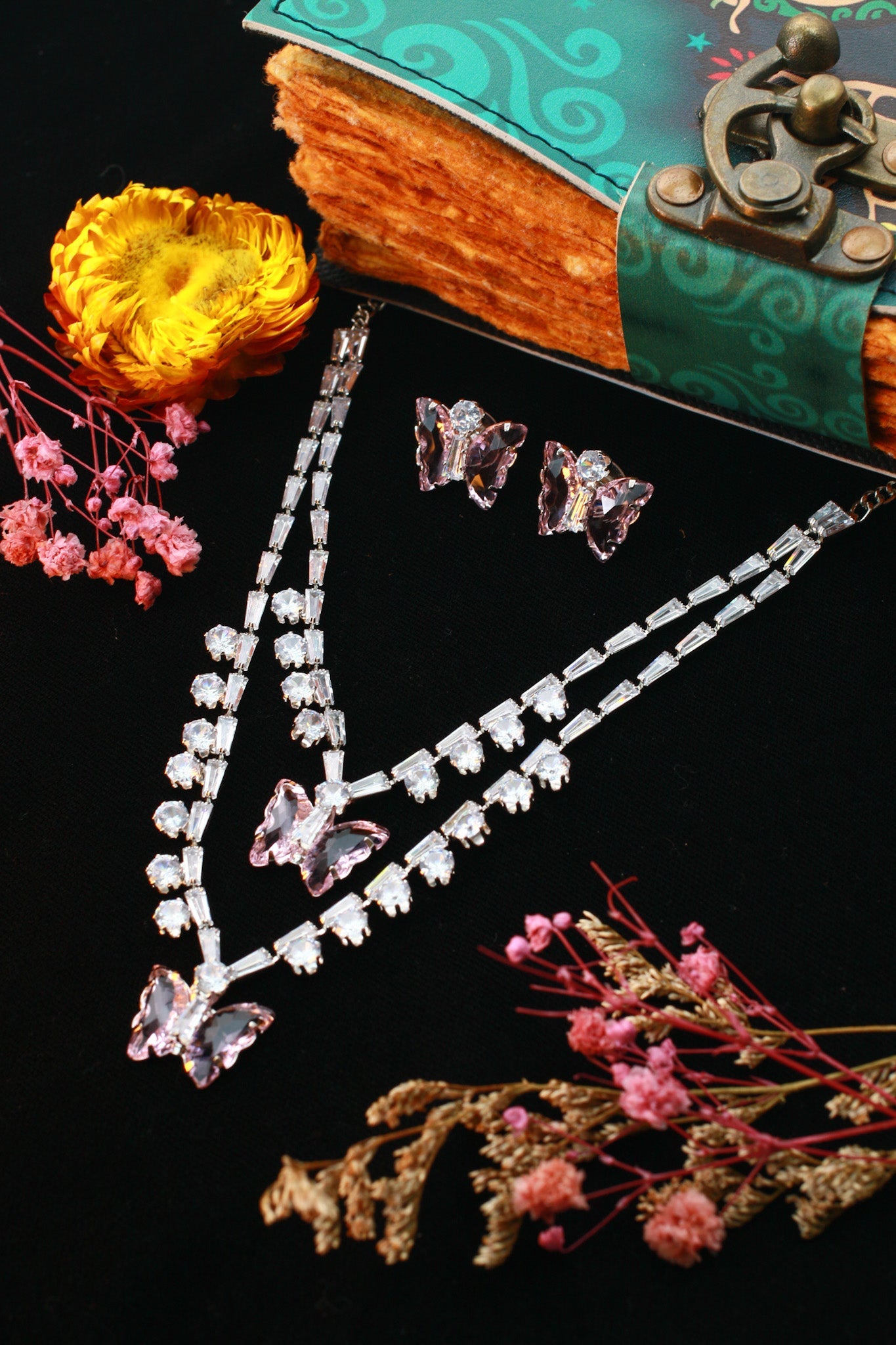 Pink Butterfly Korean Glass Stone Necklace Set | Premium Crystal Jewellery - Maxiblink