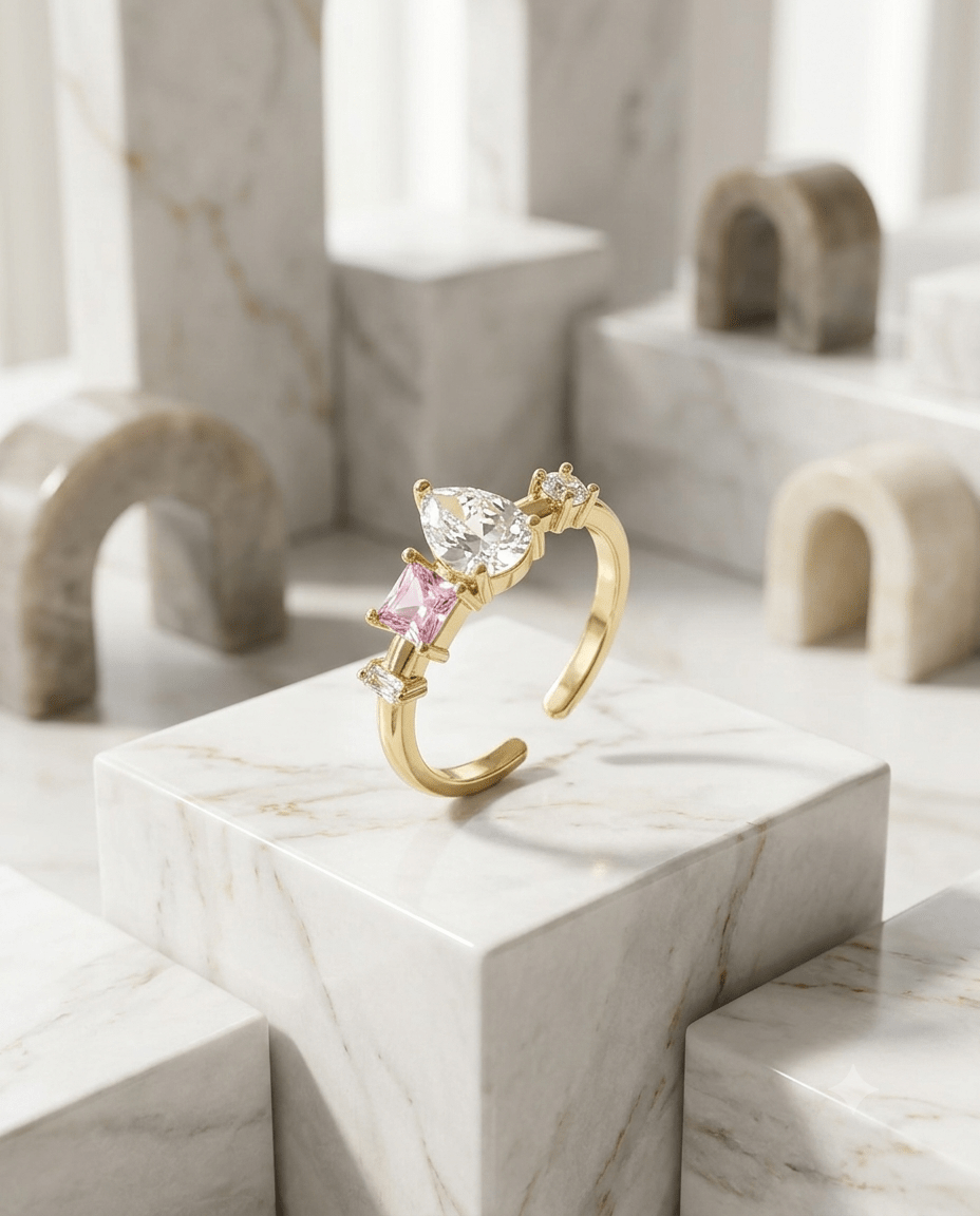 Pink & Clear Scattered Crystal Ring, free-size open band — MaxiBlink gold-plated demi-fine jewellery