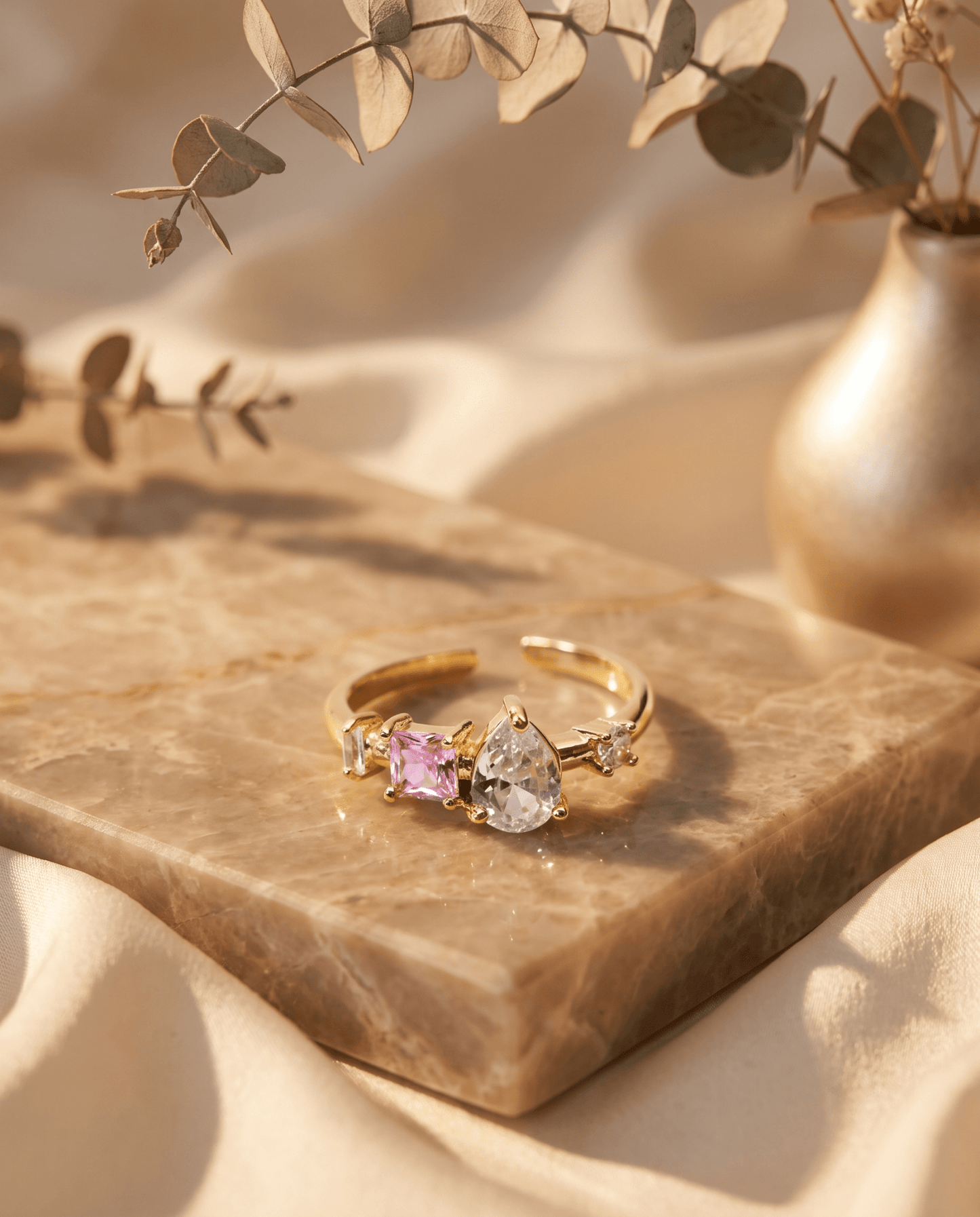pink gold-plated solitaire ring — Pink & Clear Scattered Crystal Ring by MaxiBlink