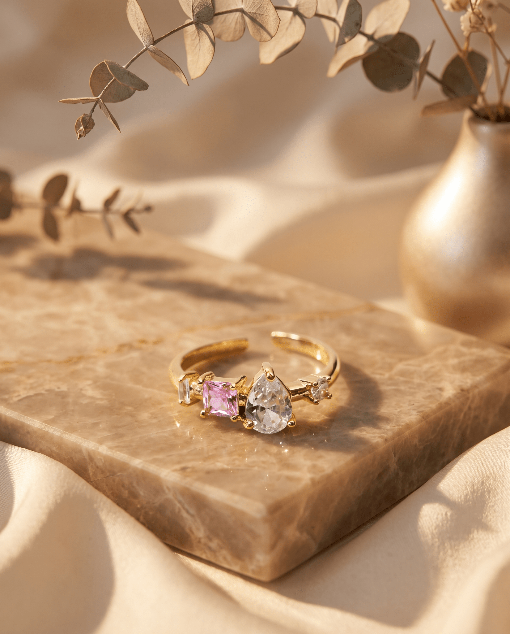 pink gold-plated solitaire ring — Pink & Clear Scattered Crystal Ring by MaxiBlink