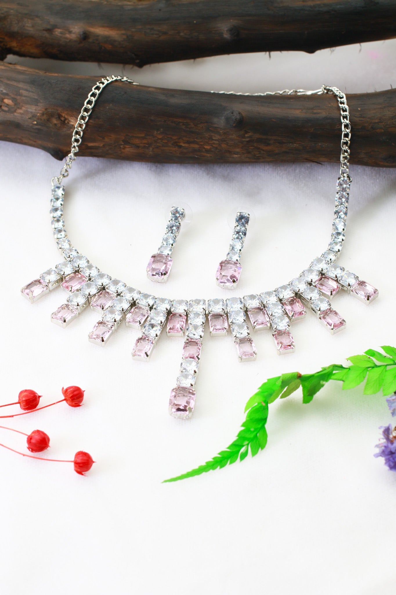 Pink Crystal Drop Korean Glass Stone Necklace Set | Premium Jewellery - Maxiblink