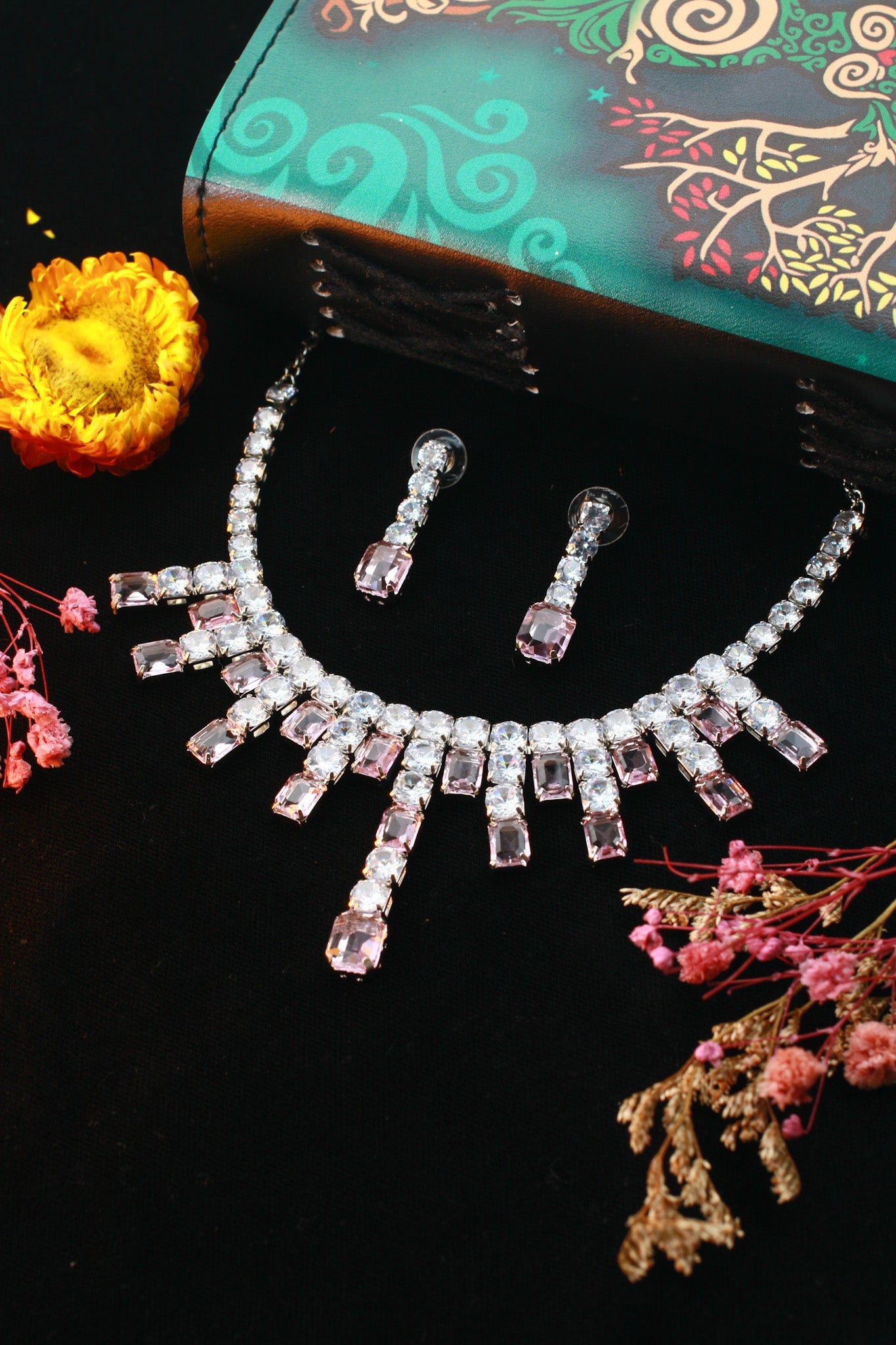 Pink Crystal Drop Korean Glass Stone Necklace Set | Premium Jewellery - Maxiblink