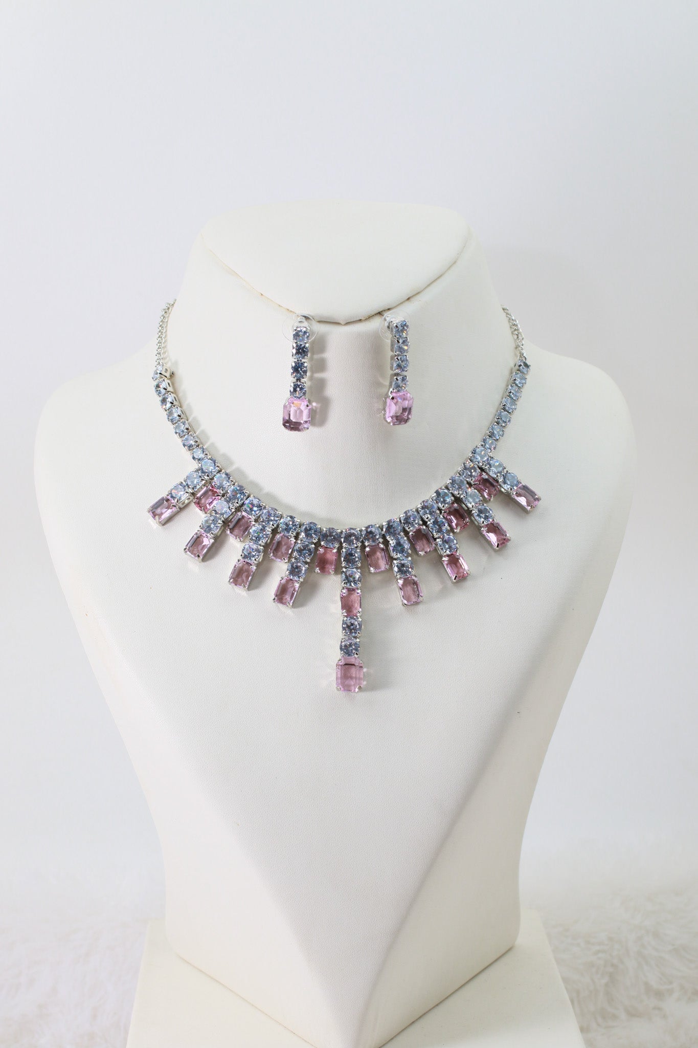 Pink Crystal Drop Korean Glass Stone Necklace Set | Premium Jewellery - Maxiblink