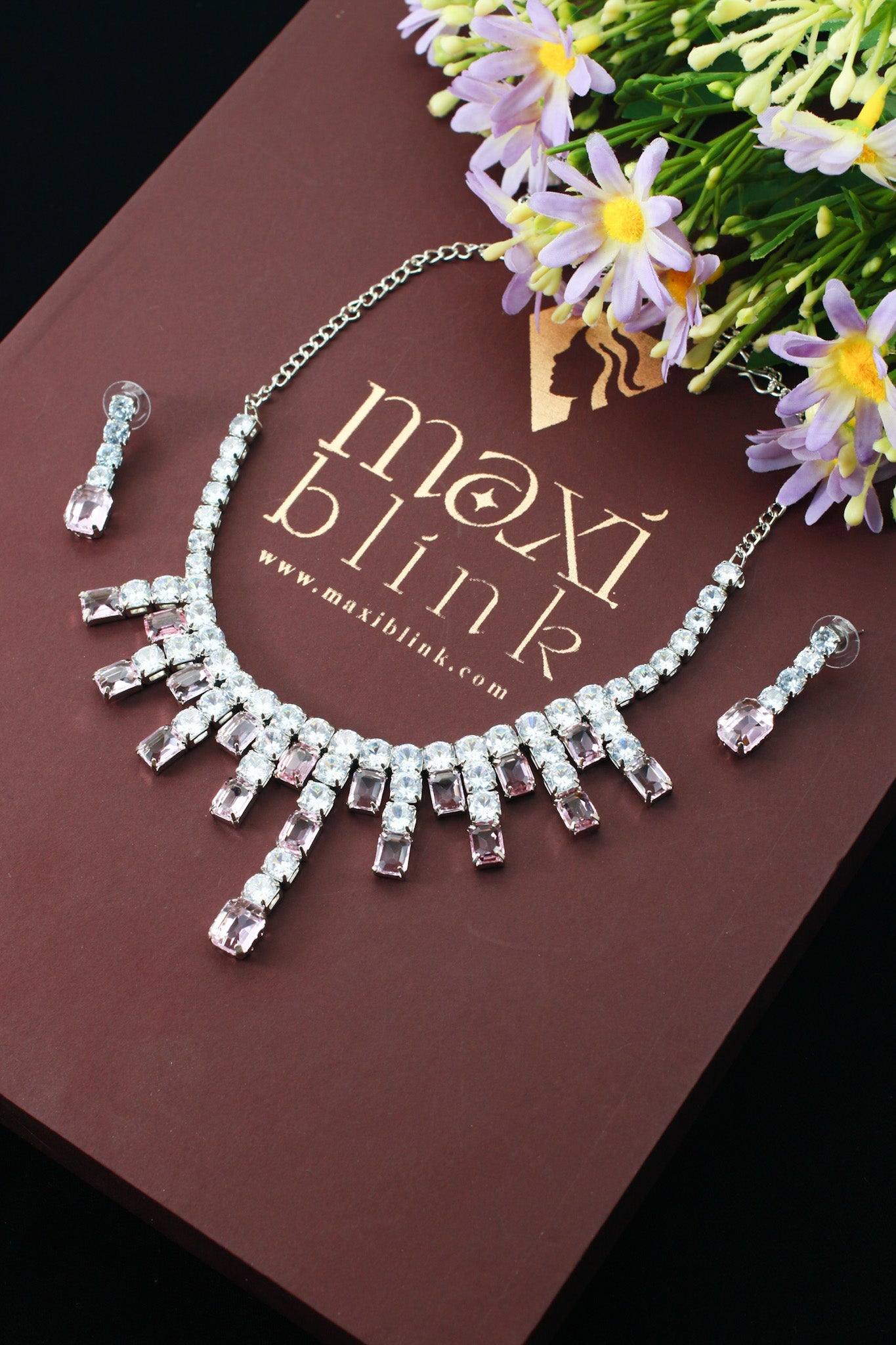 Pink Crystal Drop Korean Glass Stone Necklace Set | Premium Jewellery - Maxiblink
