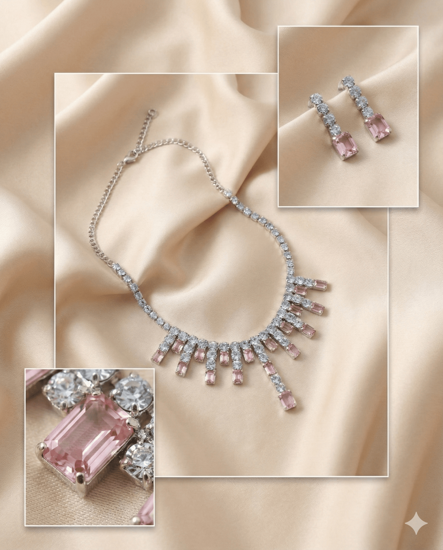 Pink Crystal Drop Korean Glass Stone Necklace Set | Premium Jewellery - Maxiblink
