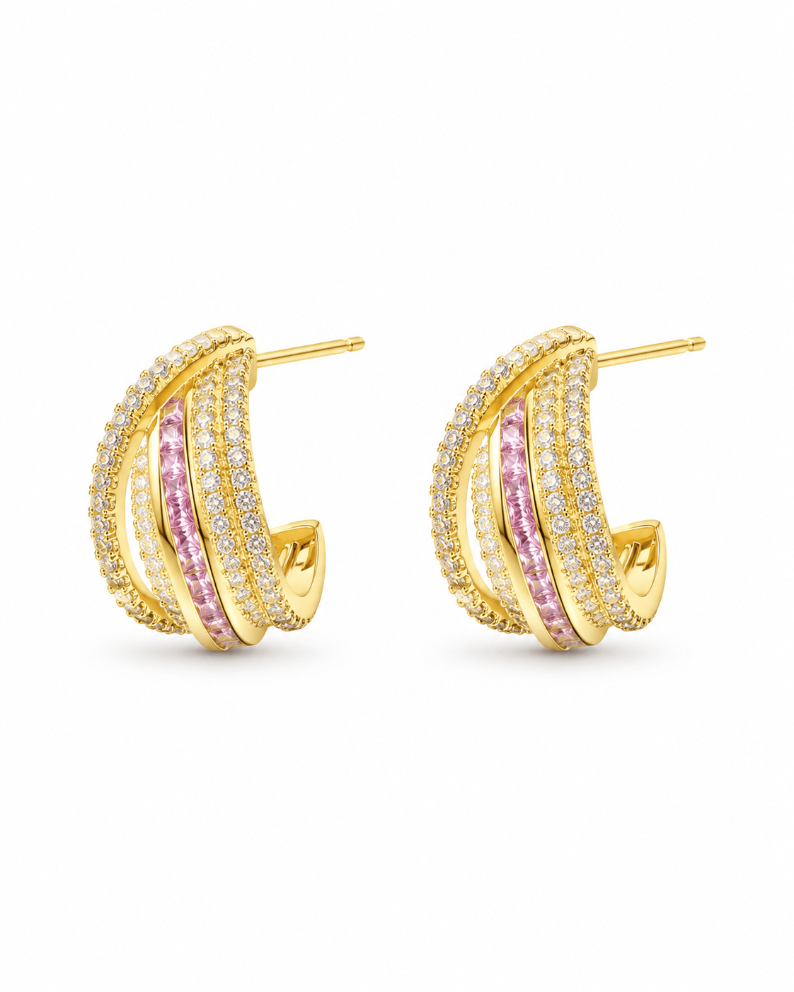 Pink Crystal Multi-Row Huggie Hoop Earrings - Maxiblink