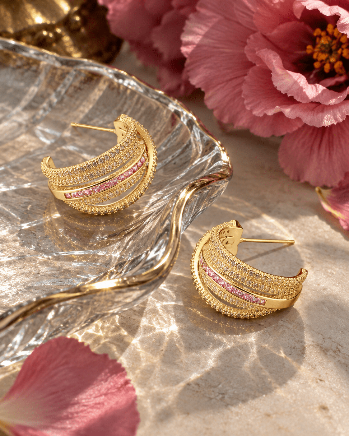 Pink Crystal Multi-Row Huggie Hoop Earrings - Maxiblink