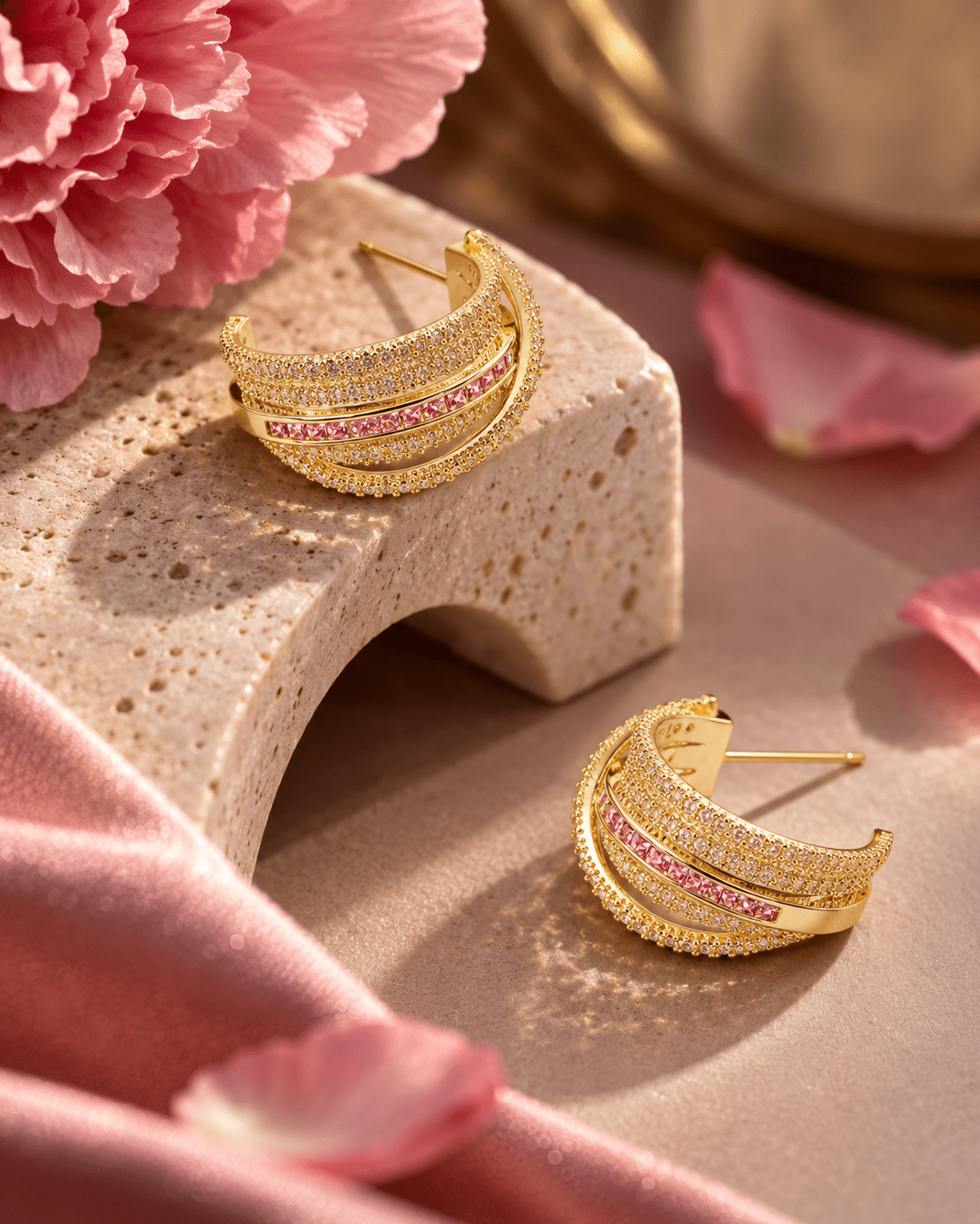 Pink Crystal Multi-Row Huggie Hoop Earrings - Maxiblink