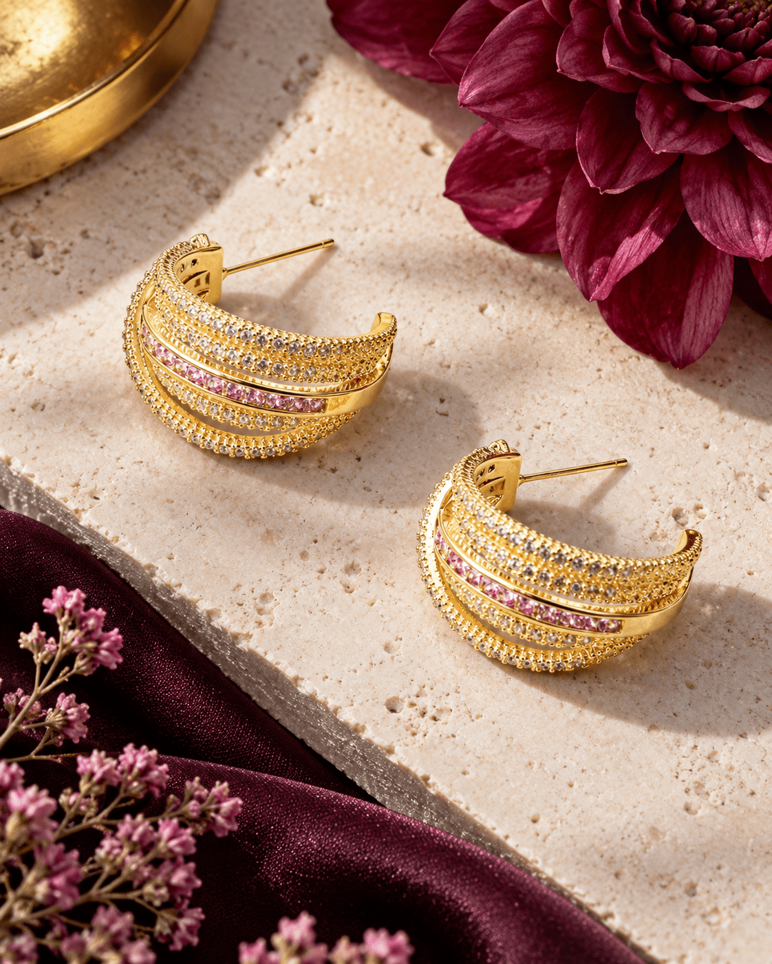 Pink Crystal Multi-Row Huggie Hoop Earrings - Maxiblink