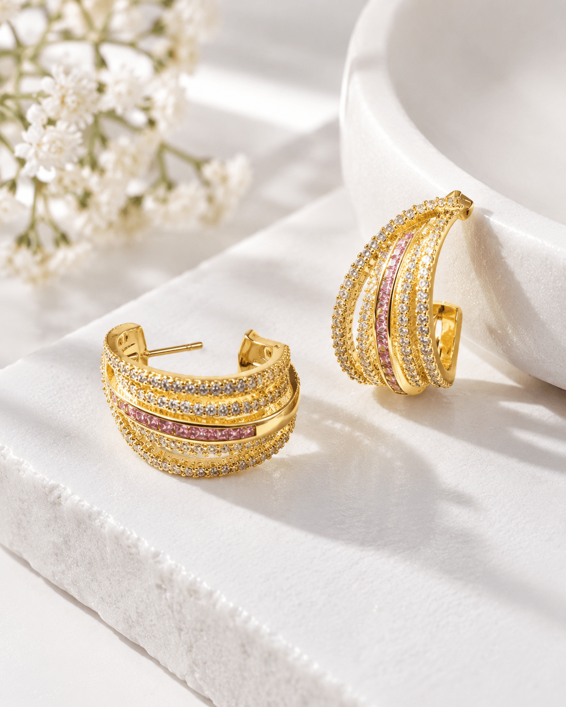 Pink Crystal Multi-Row Huggie Hoop Earrings - Maxiblink
