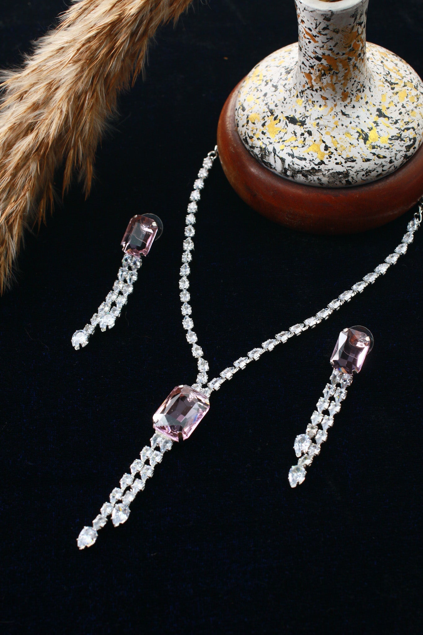 Pink Emerald Cut Korean Glass Stone Necklace Set | Premium Crystal Jewellery - Maxiblink