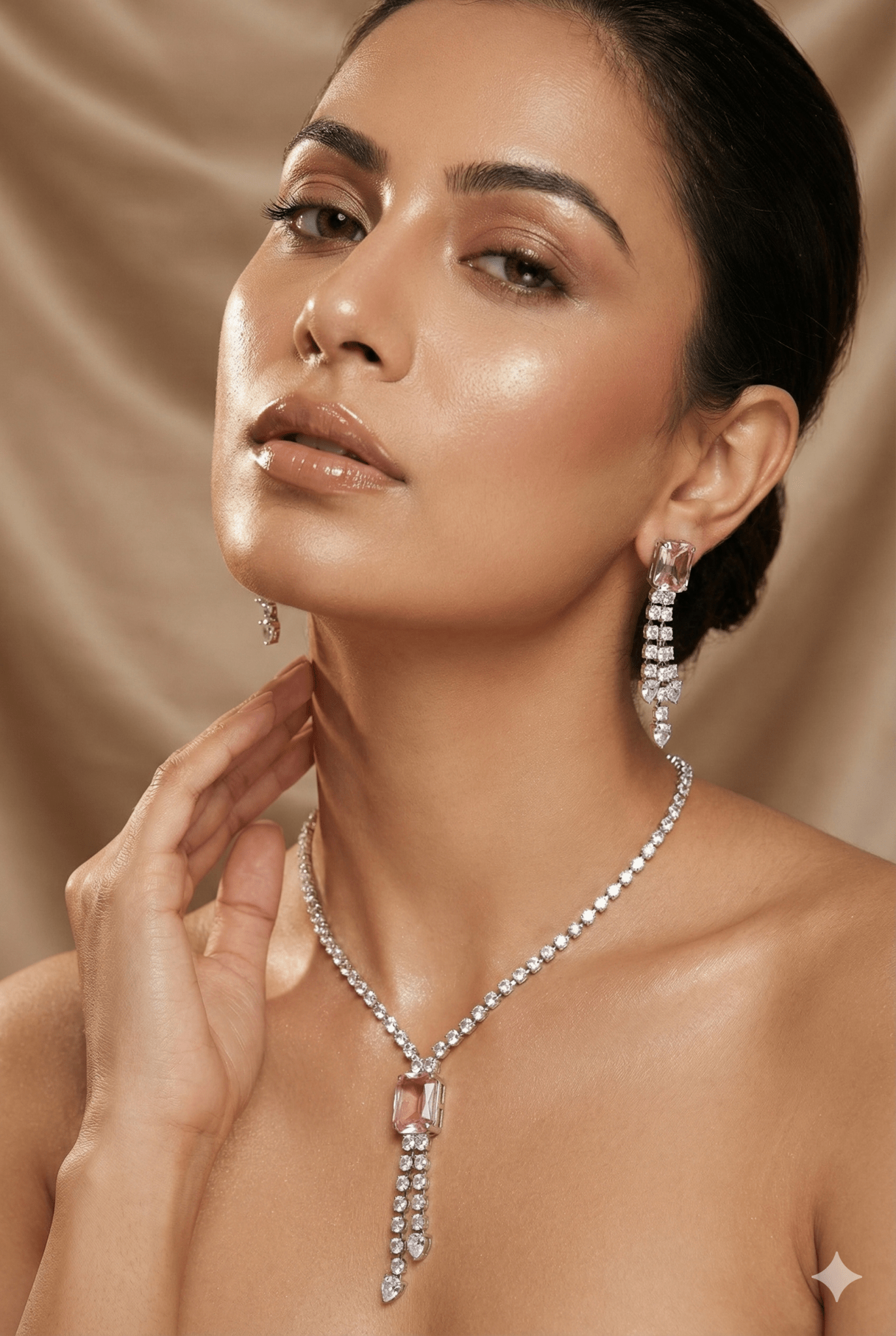Pink Emerald Cut Korean Glass Stone Necklace Set | Premium Crystal Jewellery - Maxiblink
