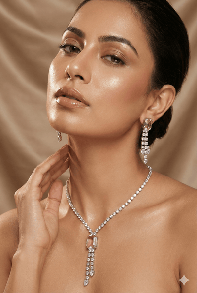 Pink Emerald Cut Korean Glass Stone Necklace Set | Premium Crystal Jewellery - Maxiblink