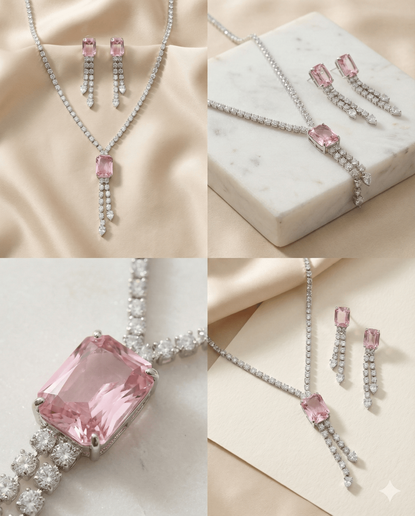 Pink Emerald Cut Korean Glass Stone Necklace Set | Premium Crystal Jewellery - Maxiblink