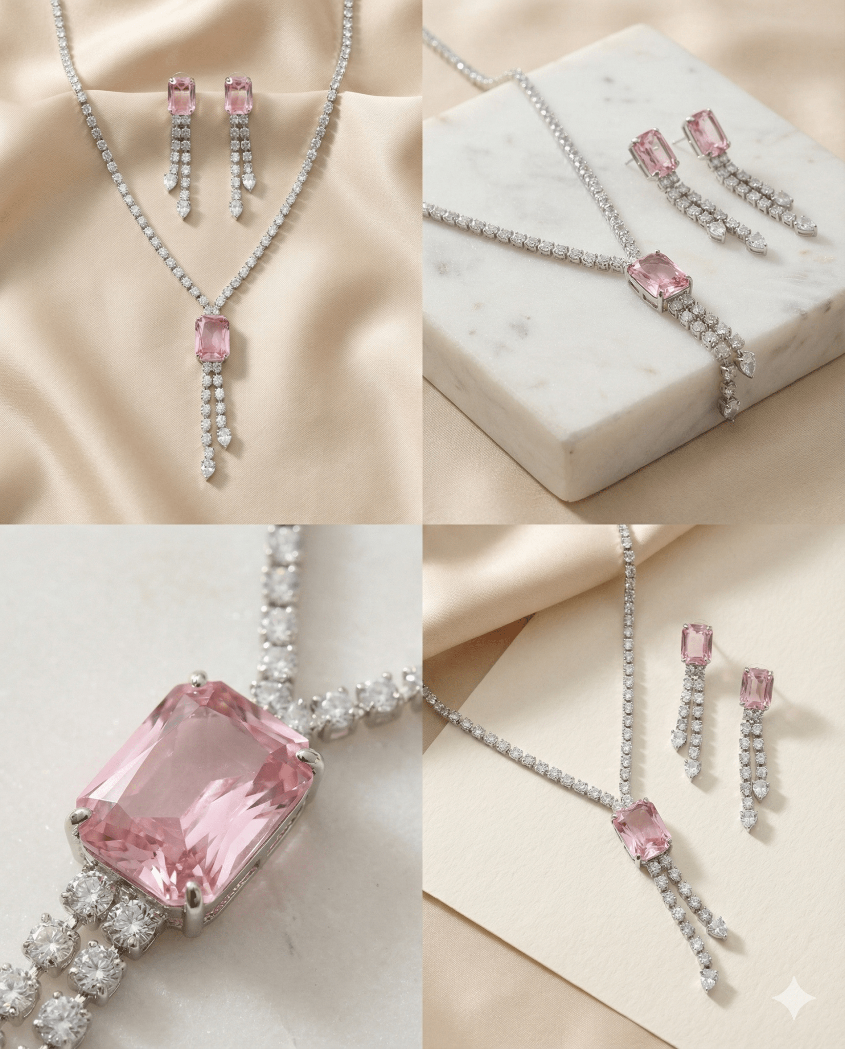 Pink Emerald Cut Korean Glass Stone Necklace Set | Premium Crystal Jewellery - Maxiblink