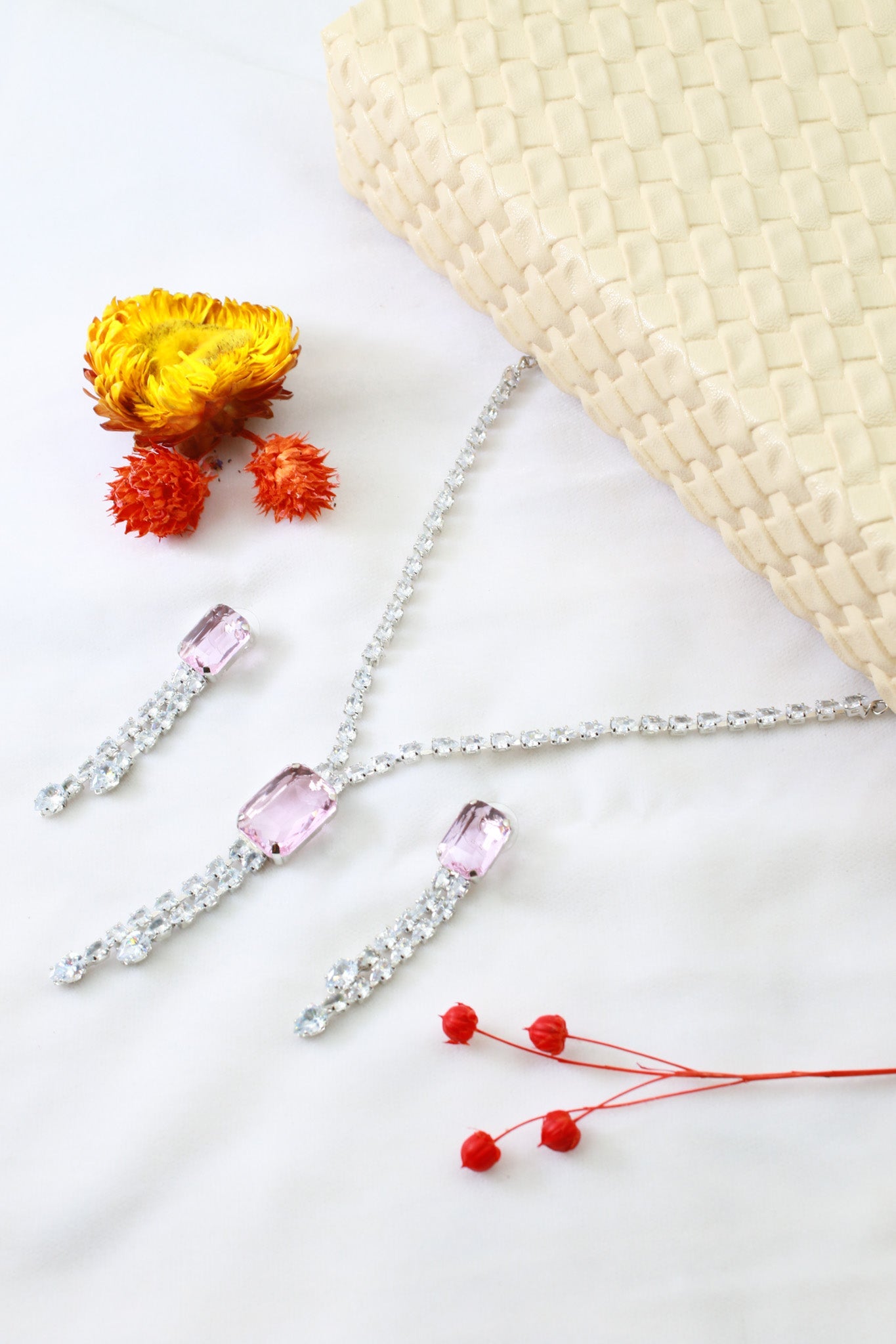Pink Emerald Cut Korean Glass Stone Necklace Set | Premium Crystal Jewellery - Maxiblink
