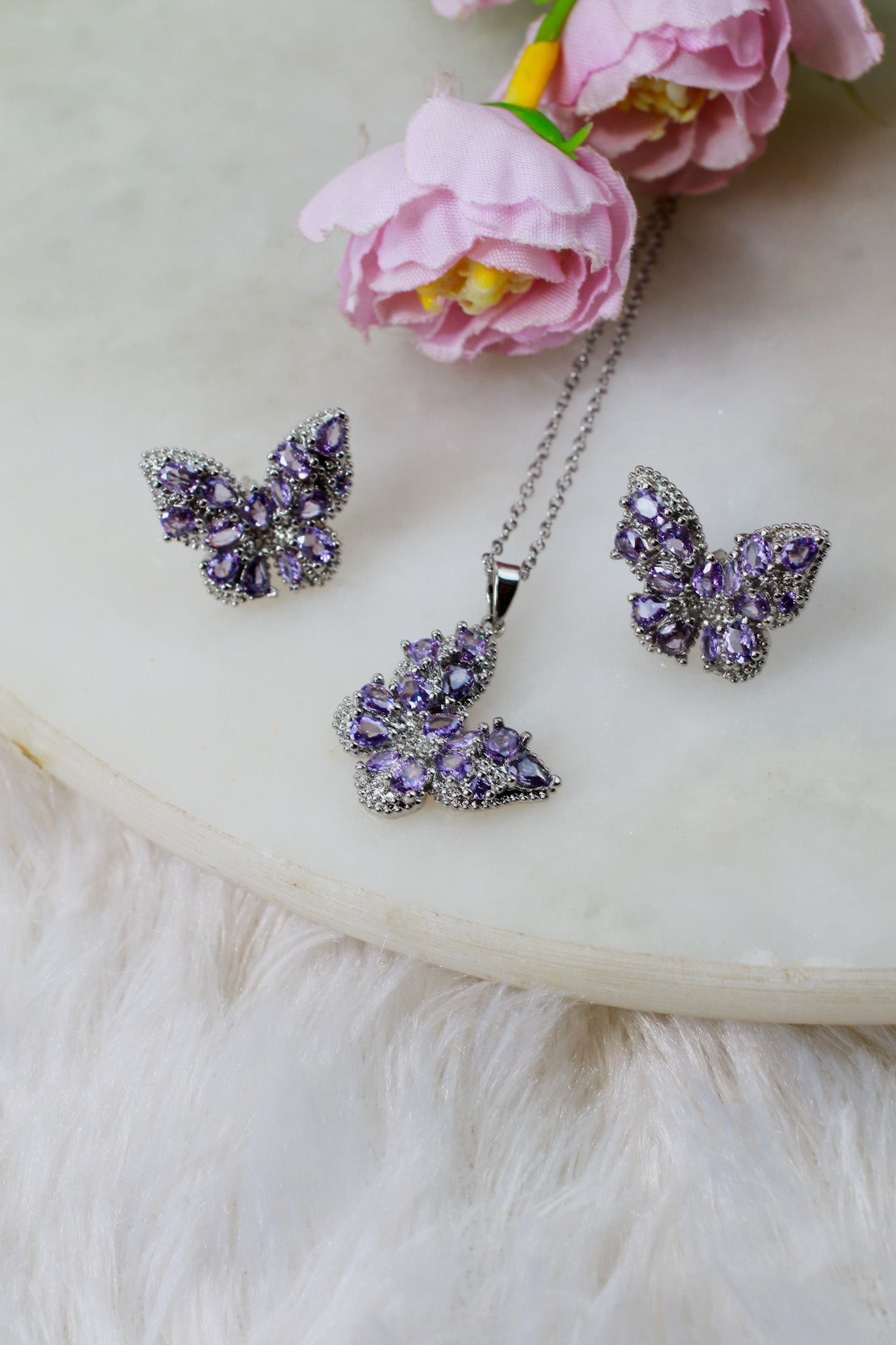 Pink Flower Crystal Pendant Set - Maxiblink