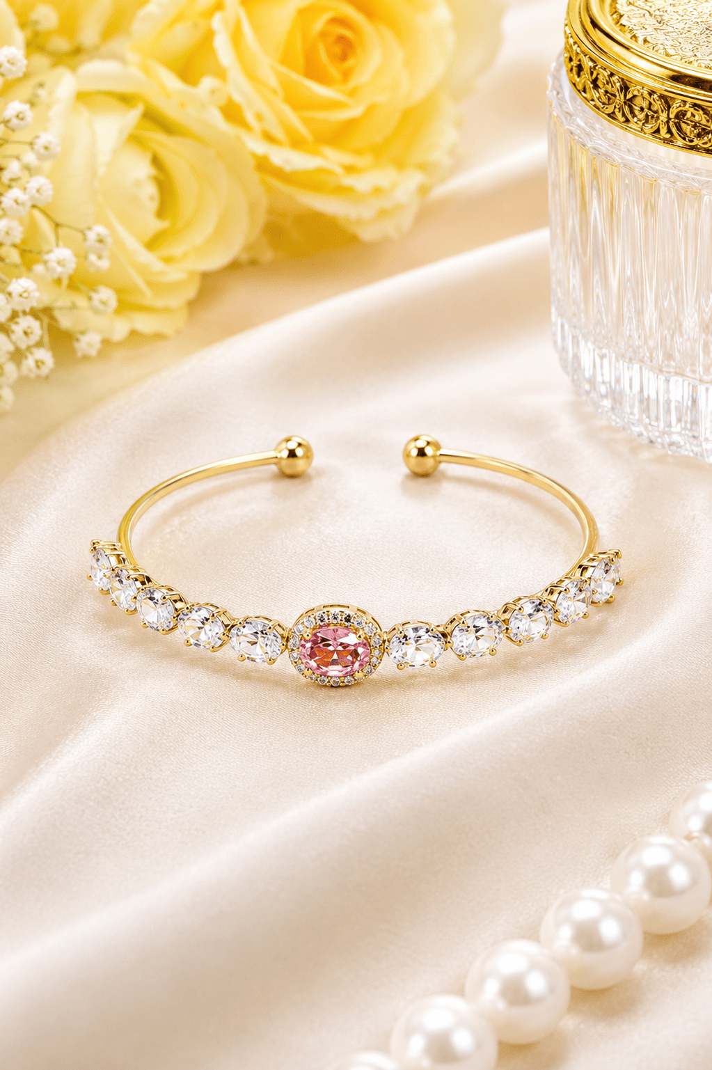 Pink Halo Oval Crystal Cuff Bracelet - Maxiblink