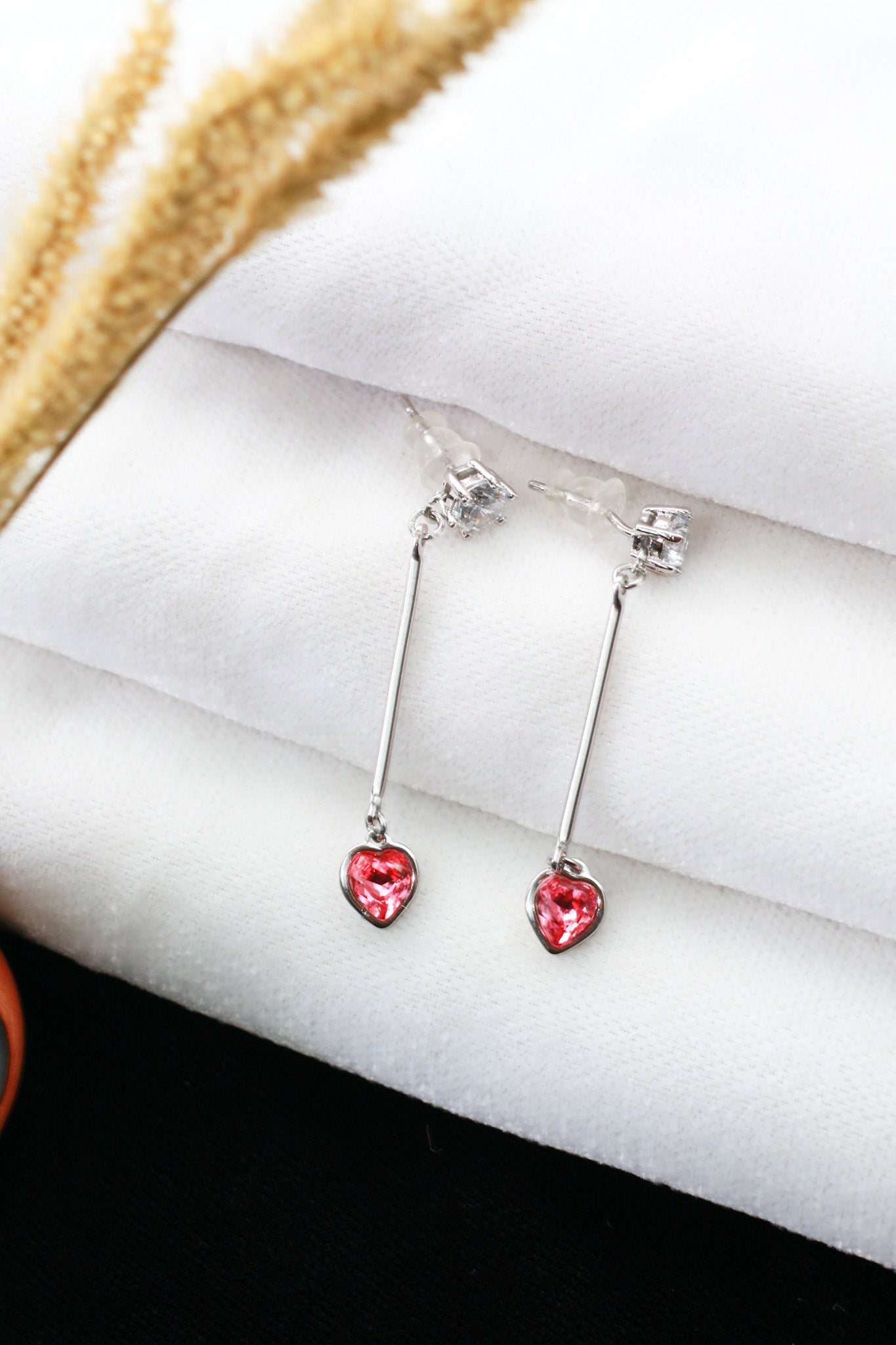 Pink Heart Crystal Bar Drop Earrings - Maxiblink